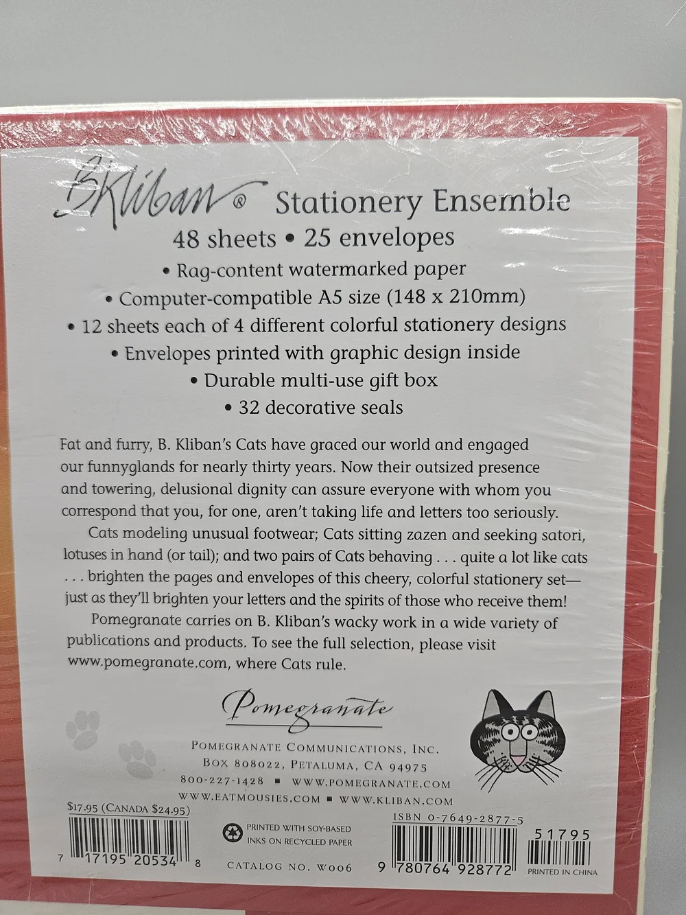 New B Kliban Cat Deluxe Stationery Set Boxed Paper Envelopes Seals Pomegranate